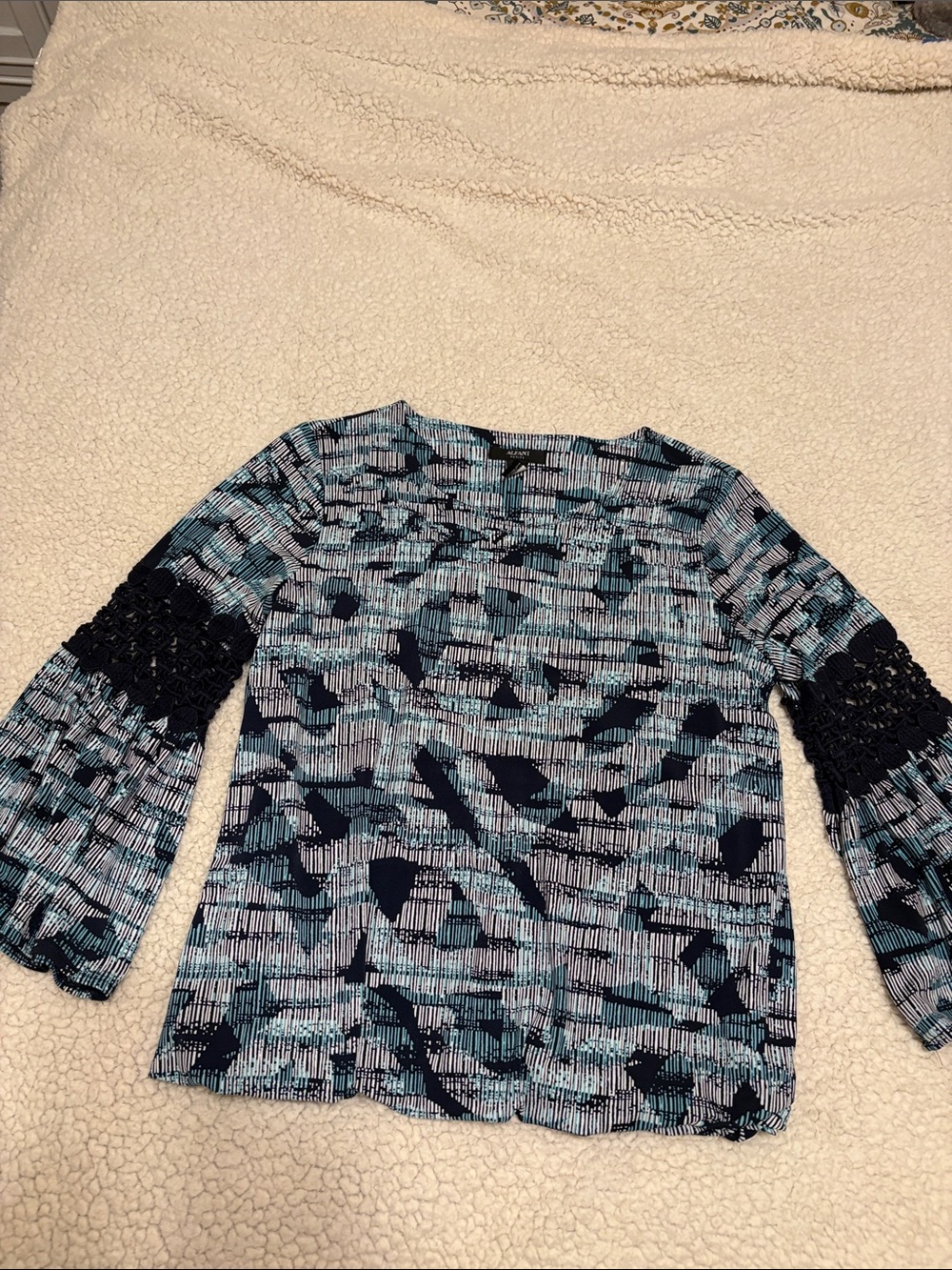 Alfani Navy and Turquoise Patterned Long-Sleeve Top with Crochet Sleeves